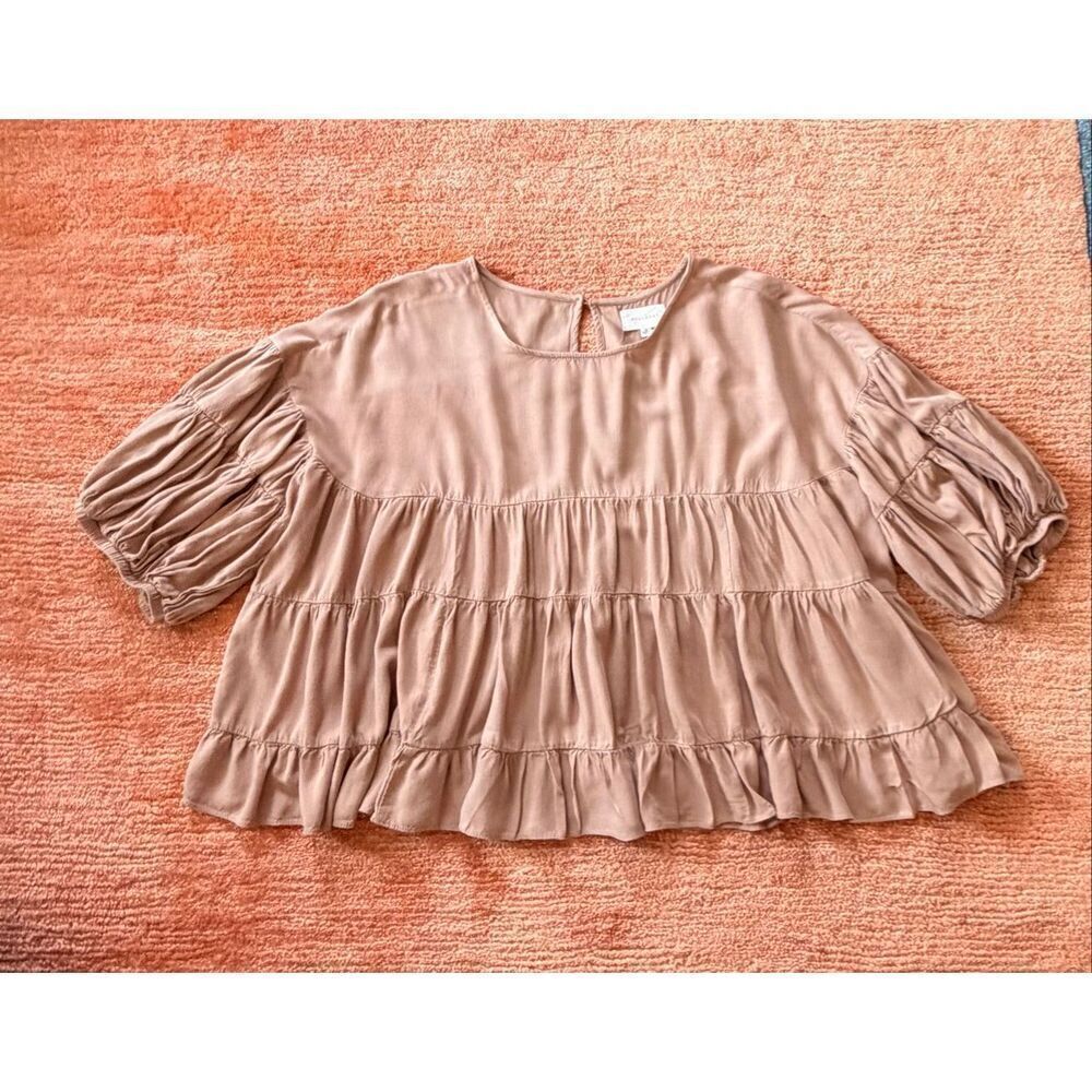 Melloday Dusty Rose Tiered Blouse Size M Puff Sleeve Boho Rayon Top